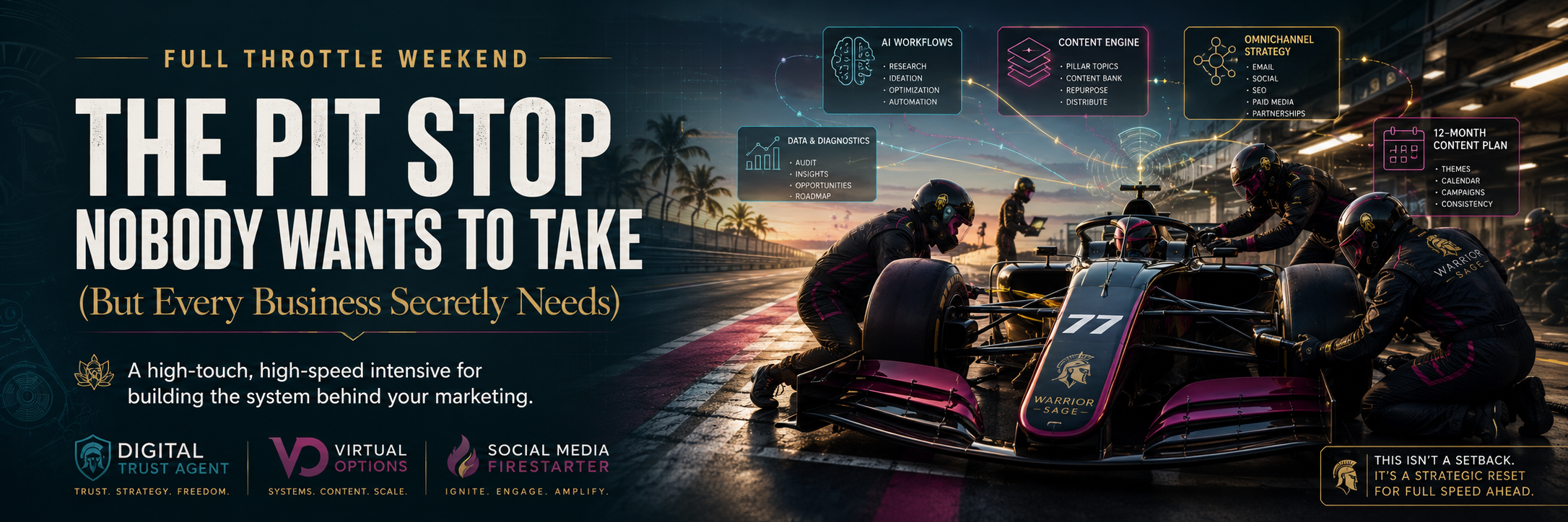Formula 1 pit stop scene — precision engineering, focused crew, dark motorsport atmosphere